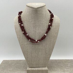Vintage Necklace Garnet & Pearl Chip Bead With Metal Clasp 18 Inches Handmade Je
